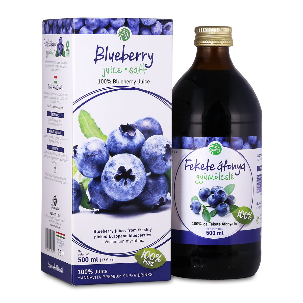 Mannavita Blåbær 100% presset ren juice • 500 ml